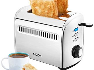 Aicok Grille Pain Inox, 2 Fentes à Largeur Variables, 7 Niveaux De Dorage, Fonction Décongélation Et Réchauffage, Tiroir Ramasse Miettes Amovible, 950w, Gris Argenté