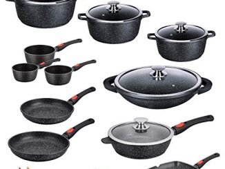 Kamberg 0008162 Set Lot Batterie De Cuisine 27 Pièces Fonte D'aluminium Revêtement Pierre Tous Feux Dont Induction Manche Amovible Sans Pfoa
